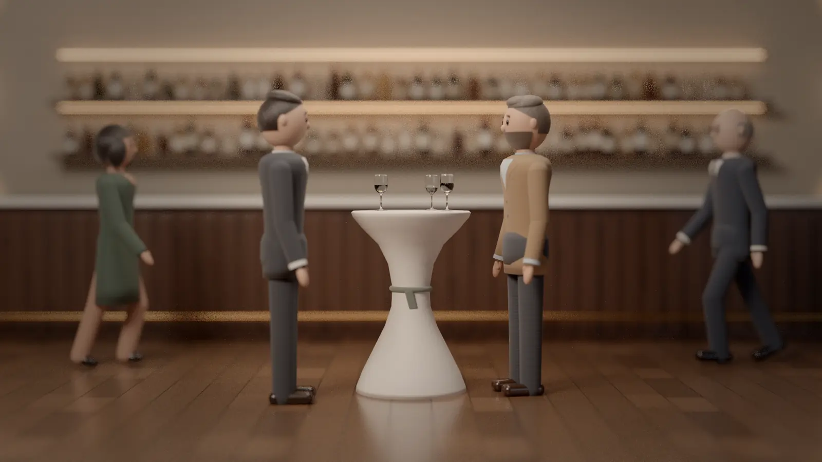 From the film: at the hotel bar, James has turned round to listen, and the others are walking back.