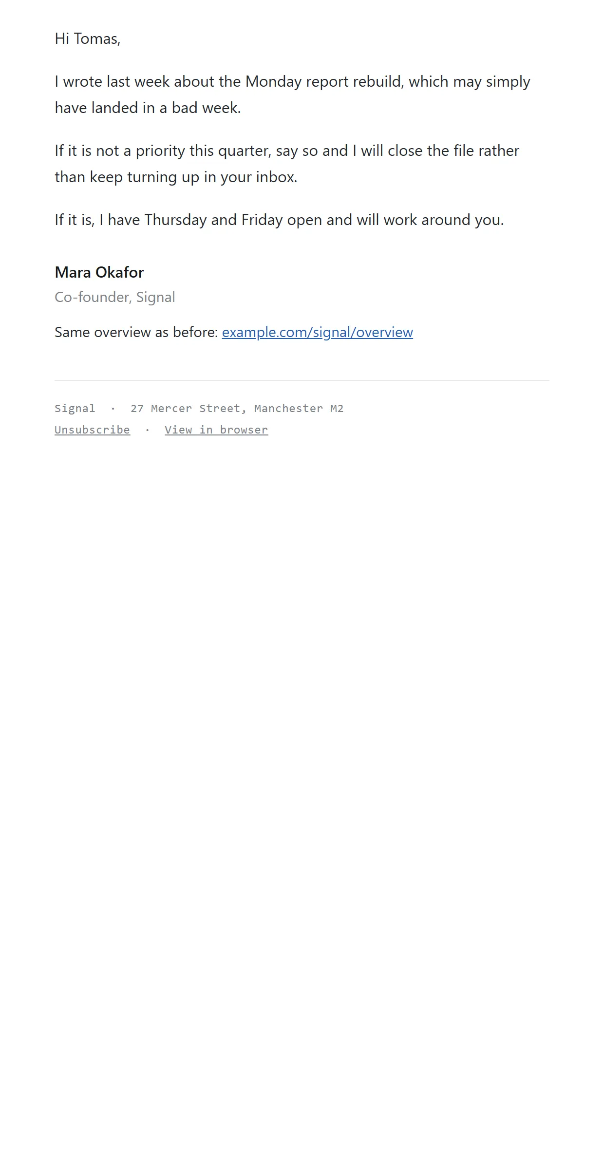 Signal, Second email, an example email, as it is sent