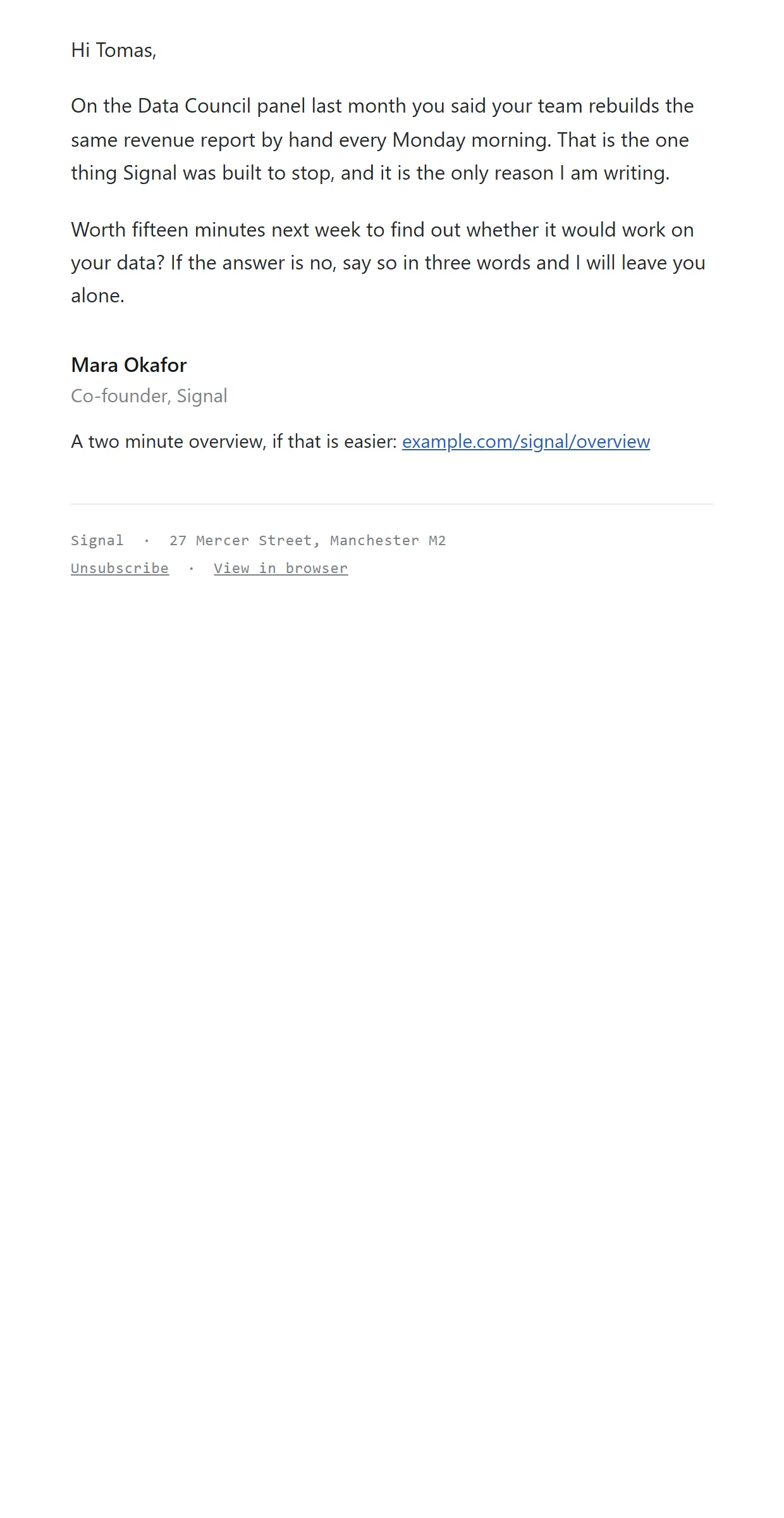 Signal, Cold introduction, an example email, as it is sent