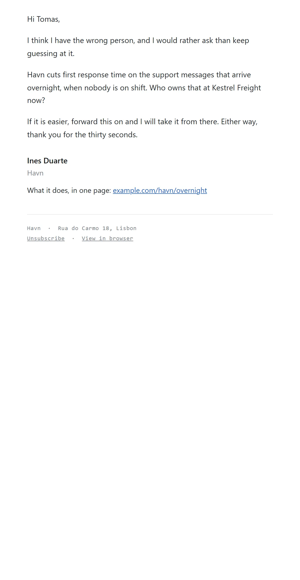 Havn, Pointing me at the right person, an example email, as it is sent